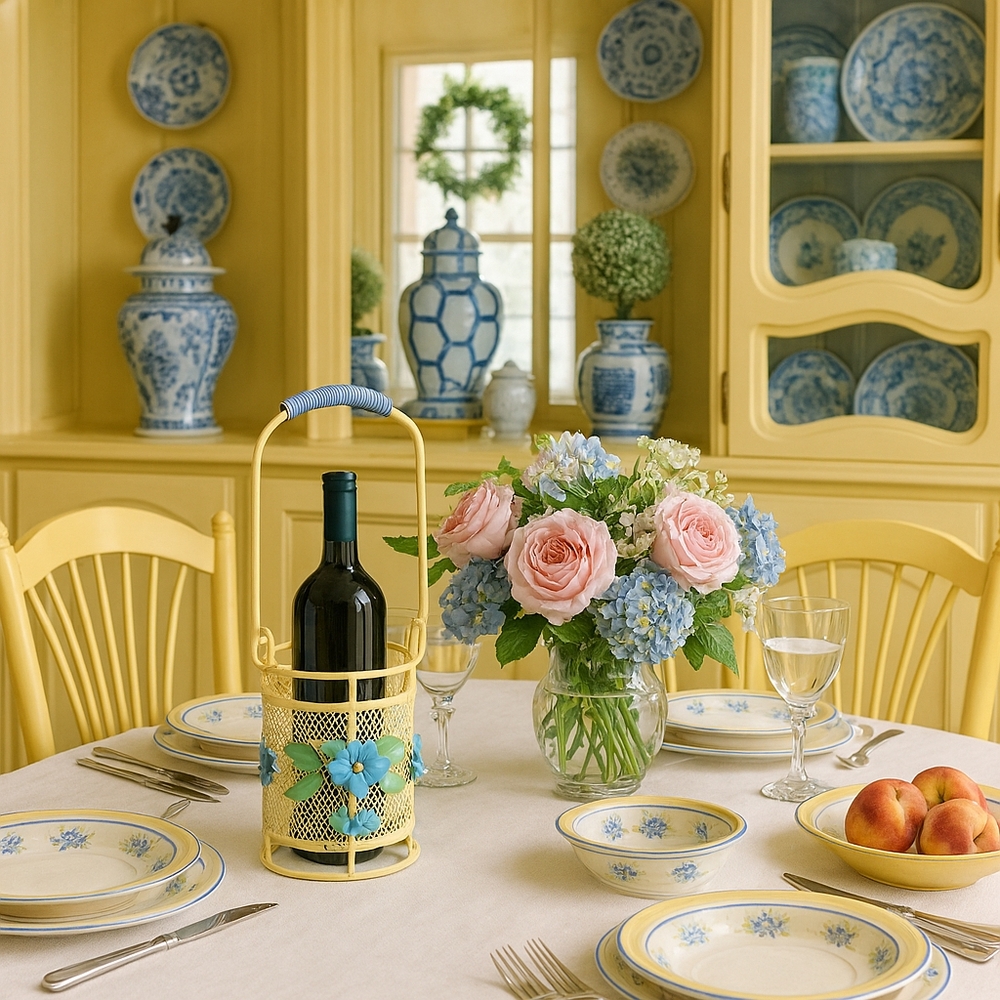 Pfaltzgraff “Summer Breeze” Wine Caddy | Rare Vintage Yellow Metal Mesh | Floral